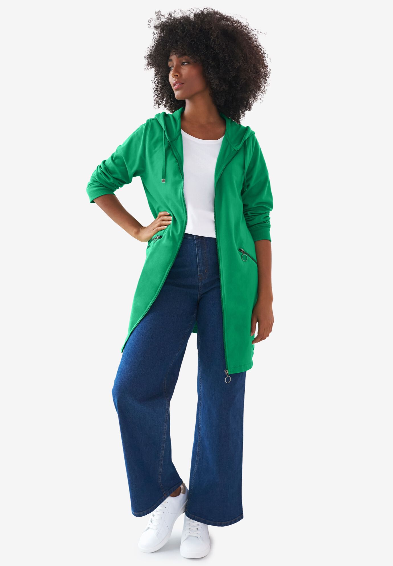 French Terry Zip-Front Hoodie With Zip Pockets, , alternate image number 2