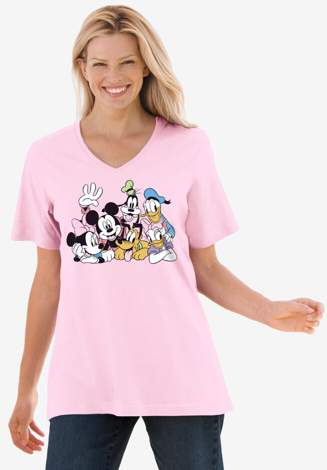Disney Women's Short Sleeve V-Neck Tee Pink Mickey Mouse and Friends