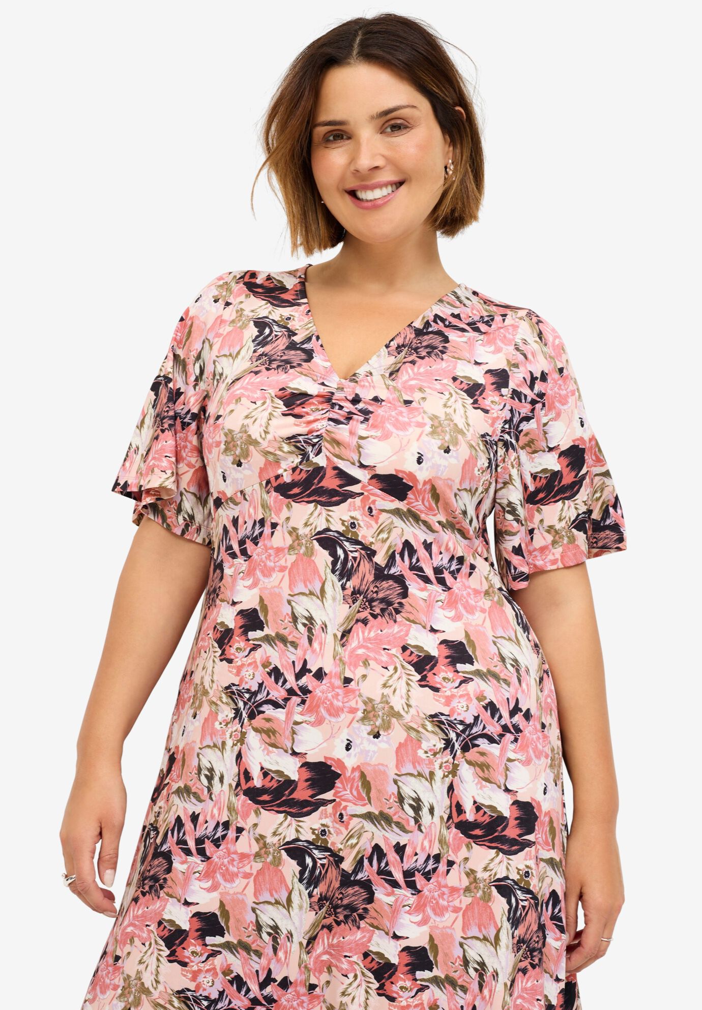 V-Neck Fit and Flare Dress, DUSTY PINK PRINT, alternate image number 2