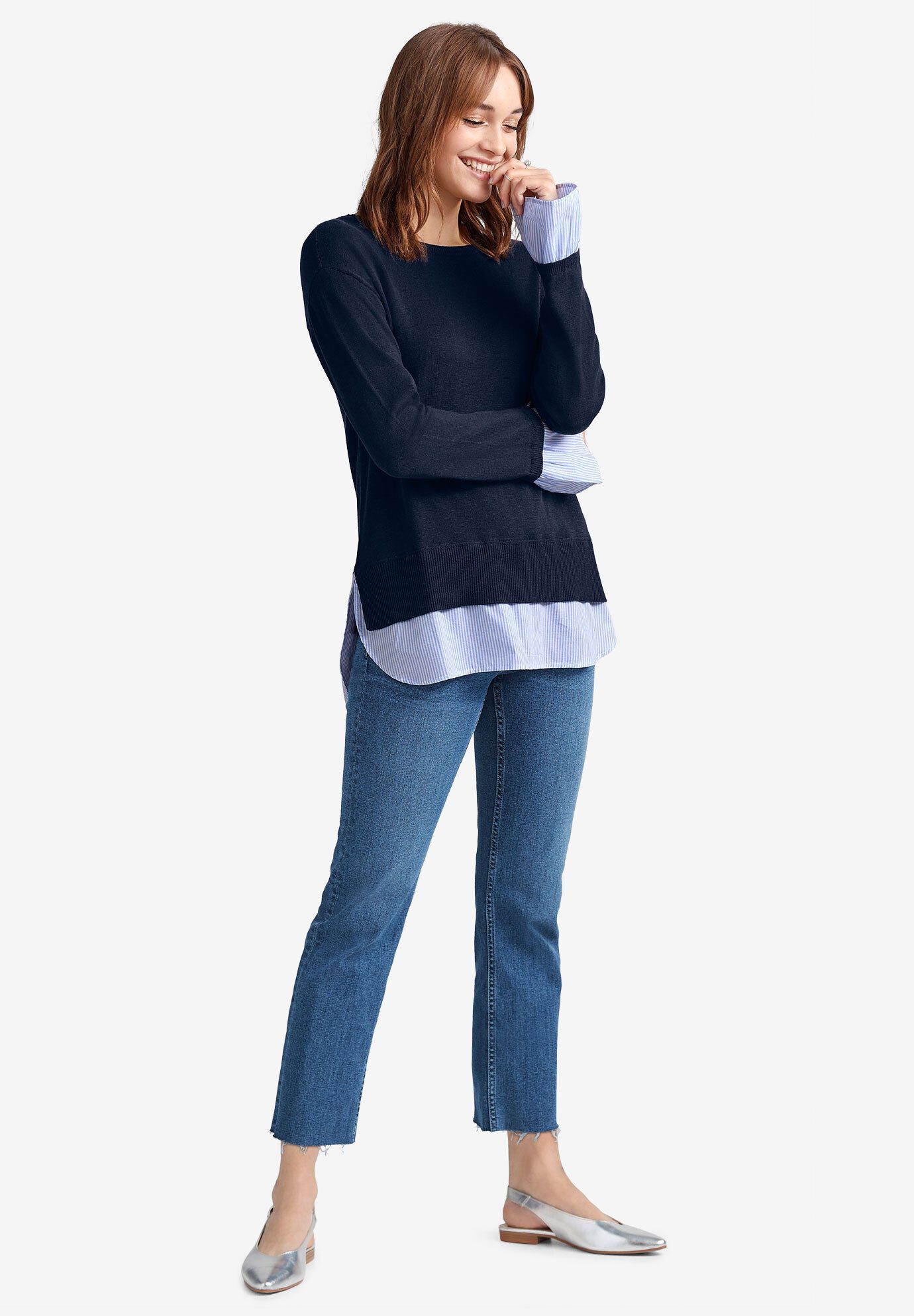 Fine Gauge Layered Pullover, NAVY, hi-res image number 0