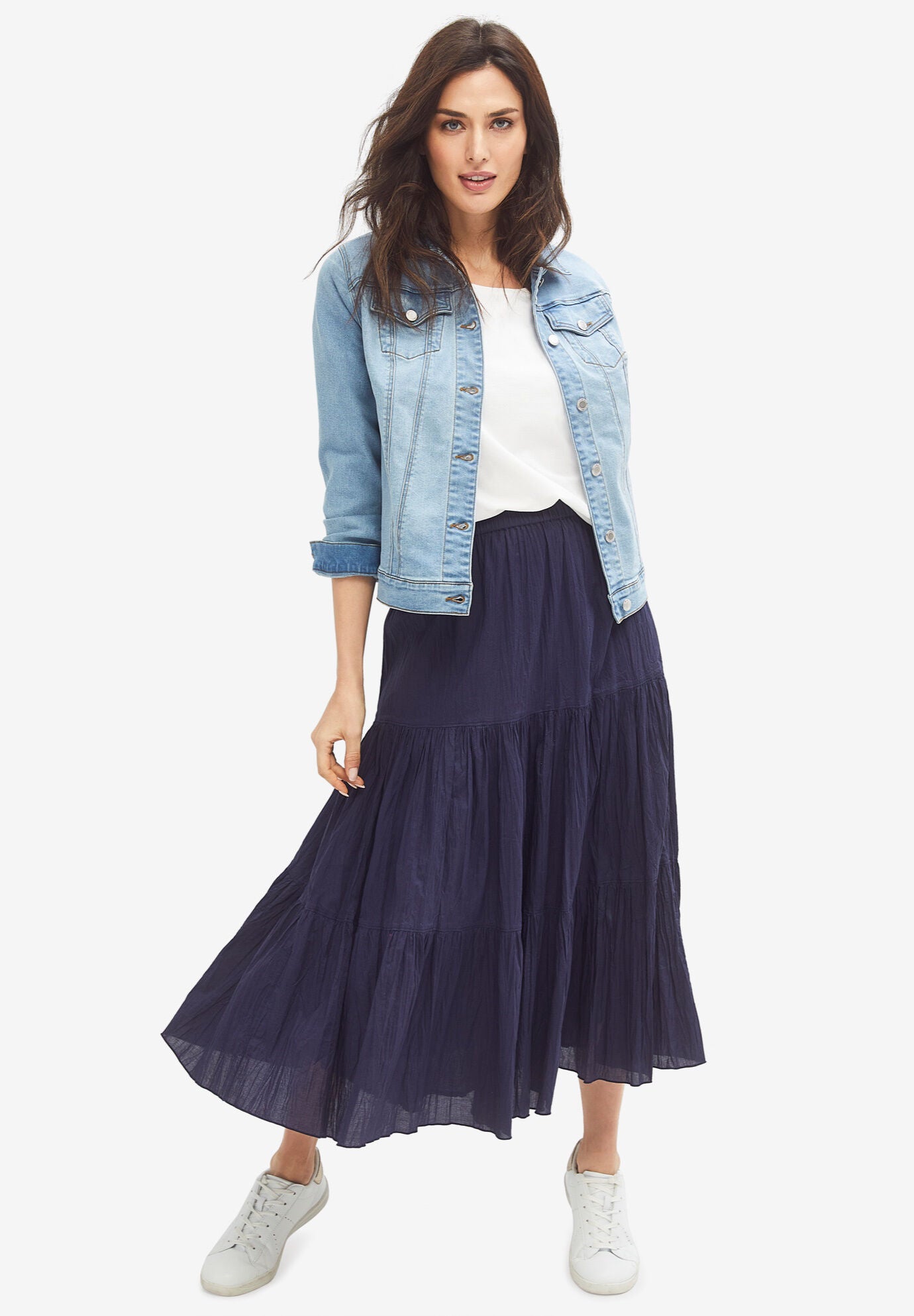 Tiered Crinkle Skirt Flared Cotton Cambric Navy