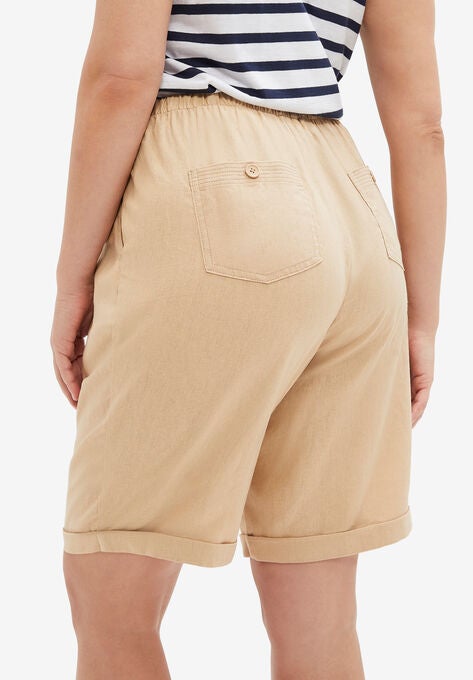 Linen Blend Drawstring Bermuda Shorts, , on-hover image number null