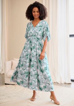 Stretch Knit Fit And Flare Elbow-Length Sleeve Tie-Back Maxi Dress