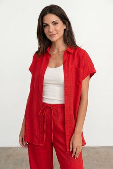 Linen-Blend Button-Front Short Sleeve Collared Tunic