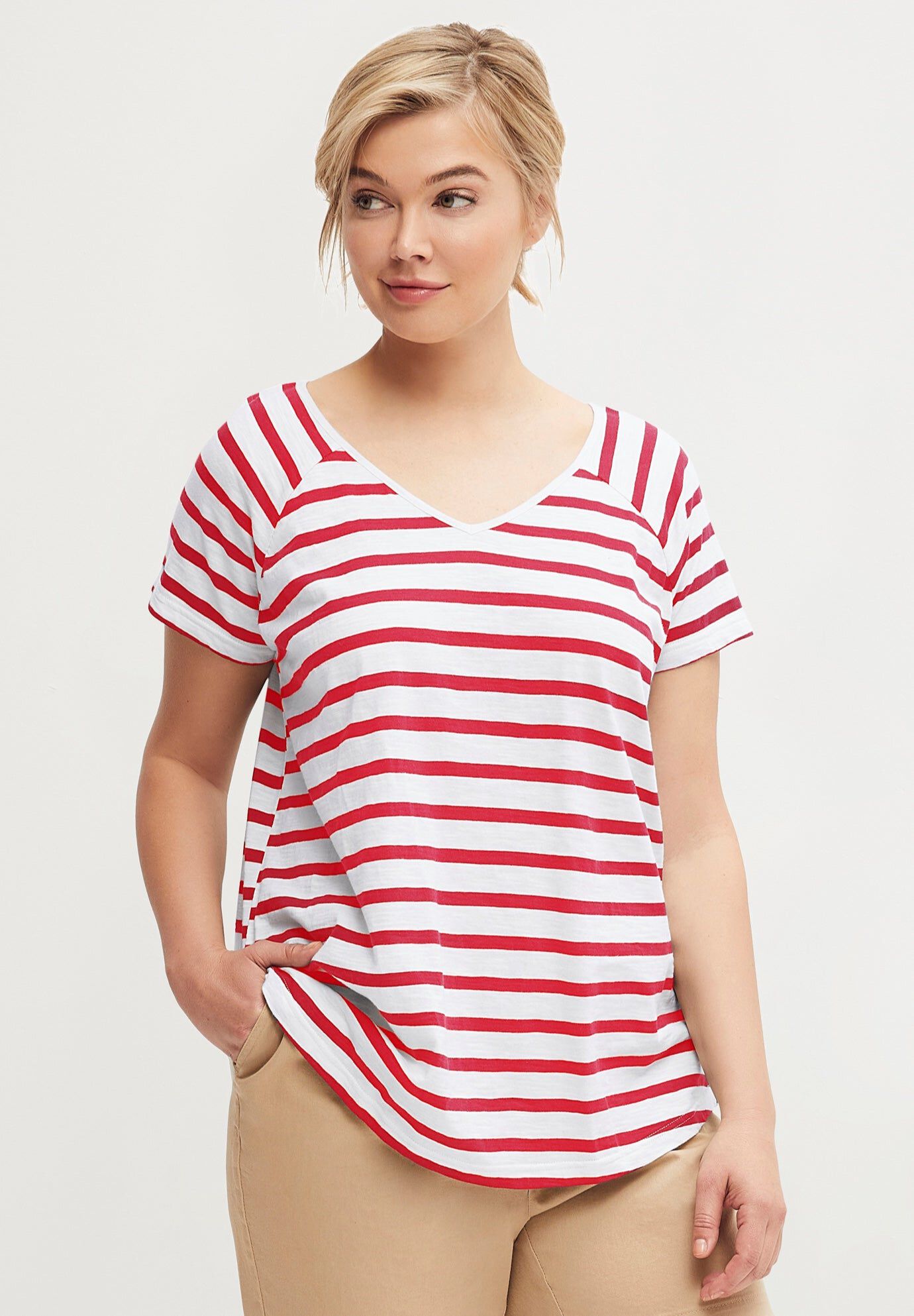 Rounded V-neck Tee, CHILI RED WHITE STRIPE, hi-res image number 0