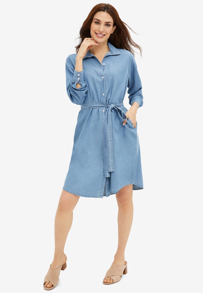 Denim Button-Front Shirtdress, MEDIUM STONEWASH, hi-res image number 0