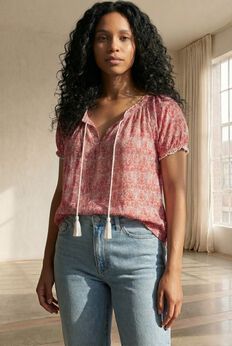 A-Line Scoop Neck Ruffle Trim 100% Cotton Cambric Peasant Blouse