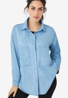 100% Cotton Denim Oversized Button-Front Collared Shirt