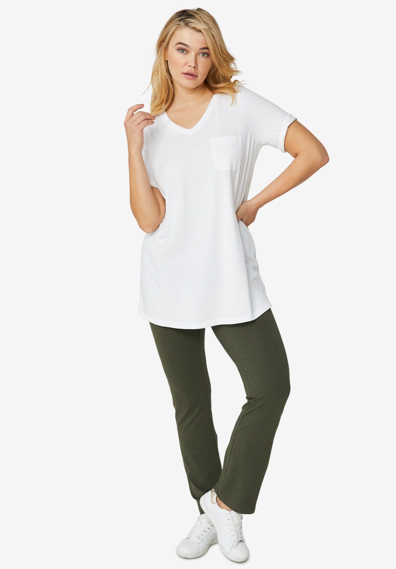 Stretch Knit V-neck Short Sleeve Chest Pocket Tunic, WHITE, hi-res image number 0