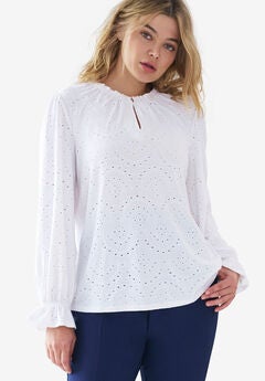 Long Sleeve Knit Eyelet Top With Keyhole Neckline