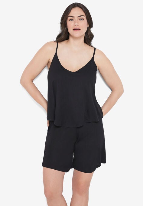 Tank Overlay Knit Romper, BLACK, hi-res image number null