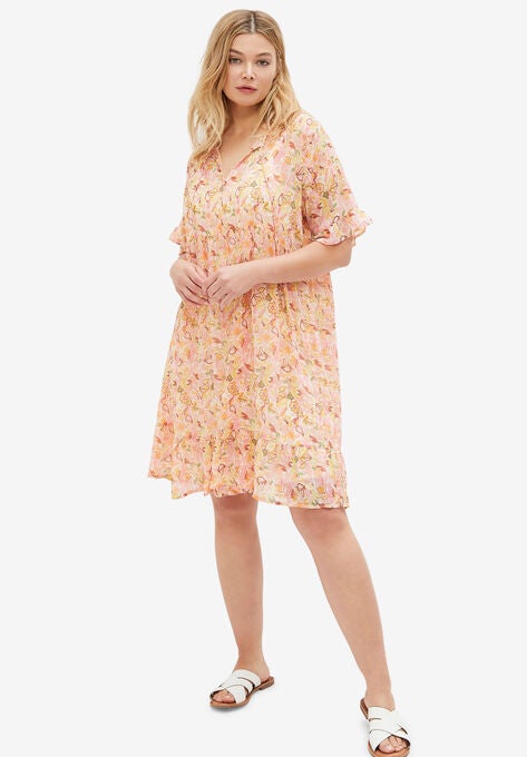 Sheer Ruffle Trim Dress With Keyhole Neckline, LIGHT STRAWBERRY TROPICAL, hi-res image number null