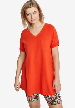 Stretch Knit V-neck Short Sleeve Chest Pocket Tunic