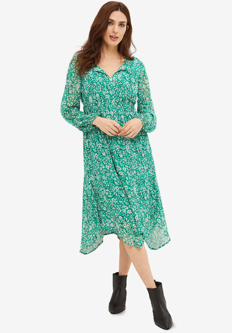Point Hem Midi Dress With Keyhole Neckline, COOL GREEN WHITE FLORAL, hi-res image number null