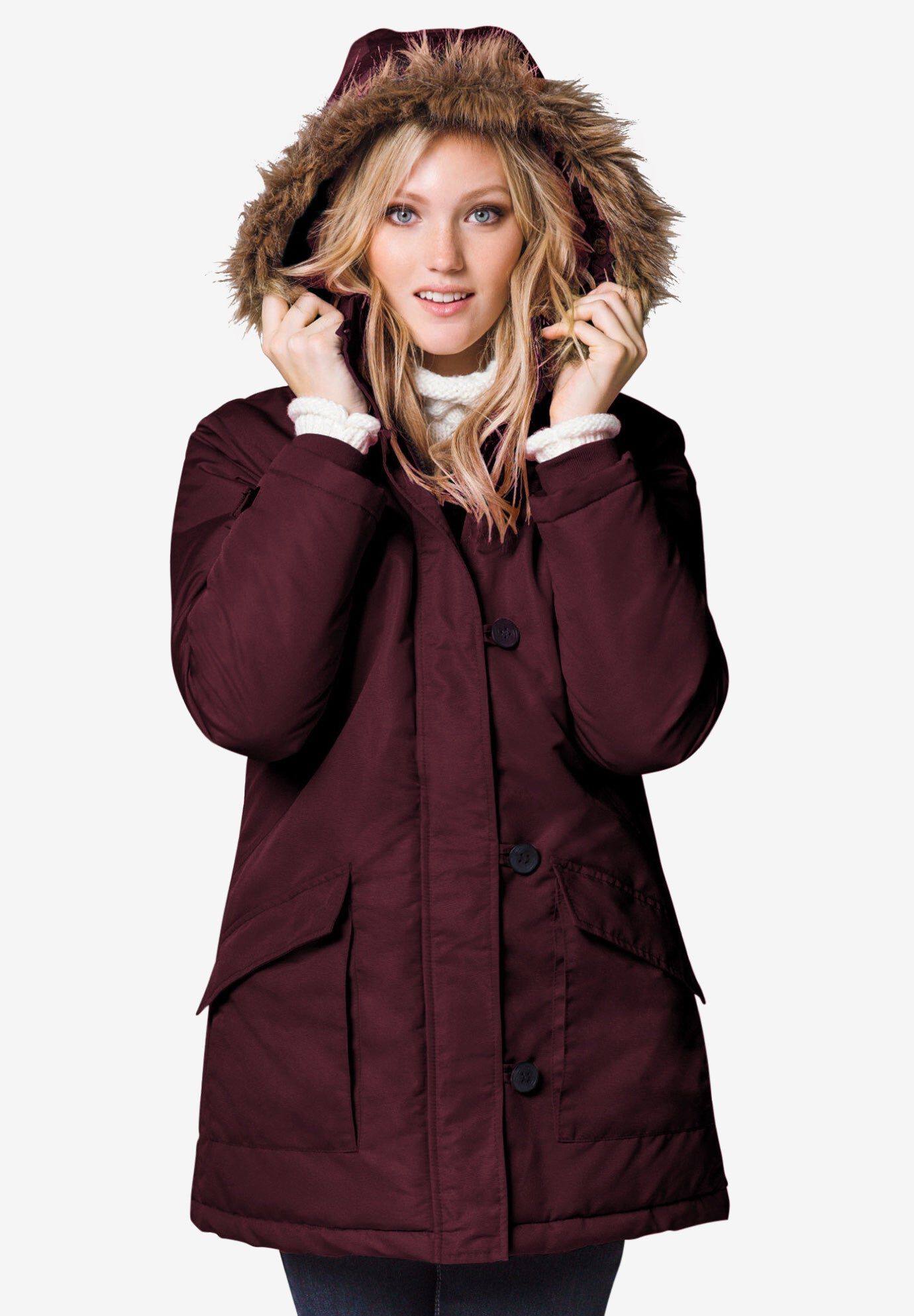 Faux Fur Trim Two-Way Zip-Front Mid-Length Parka, MIDNIGHT BERRY