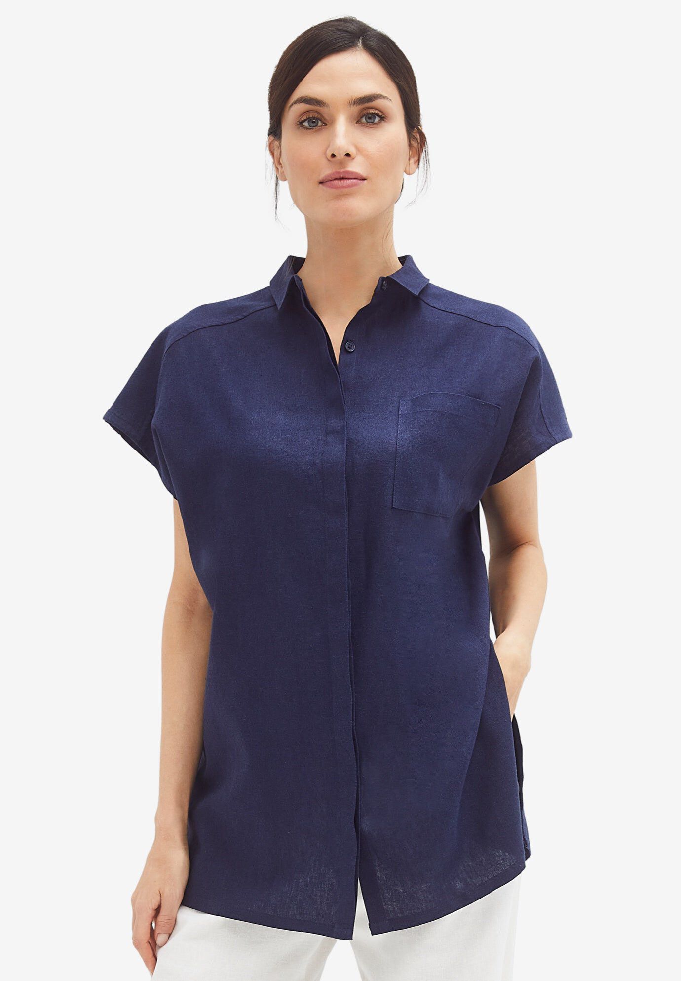 Linen-Blend Button-Front Short Sleeve Collared Tunic