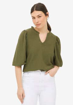 Textured Knit Ruffle Notch Neck Top