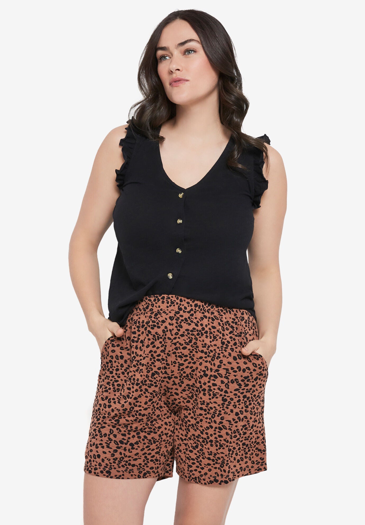 Woman within knit shorts top