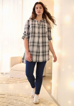 Three-Quarter Sleeve Roll Tab Relaxed Fit 100% Cotton Henley Tunic