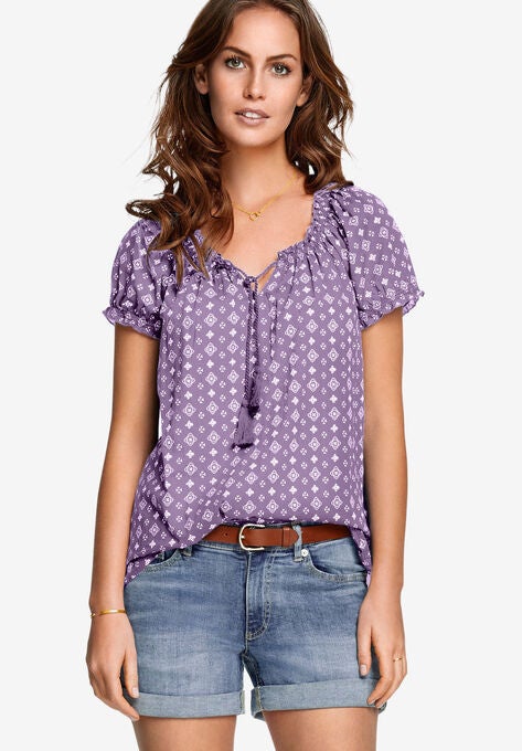 Ruffle Trim Peasant Blouse, VIOLET HAZE WHITE PRINT, hi-res image number null