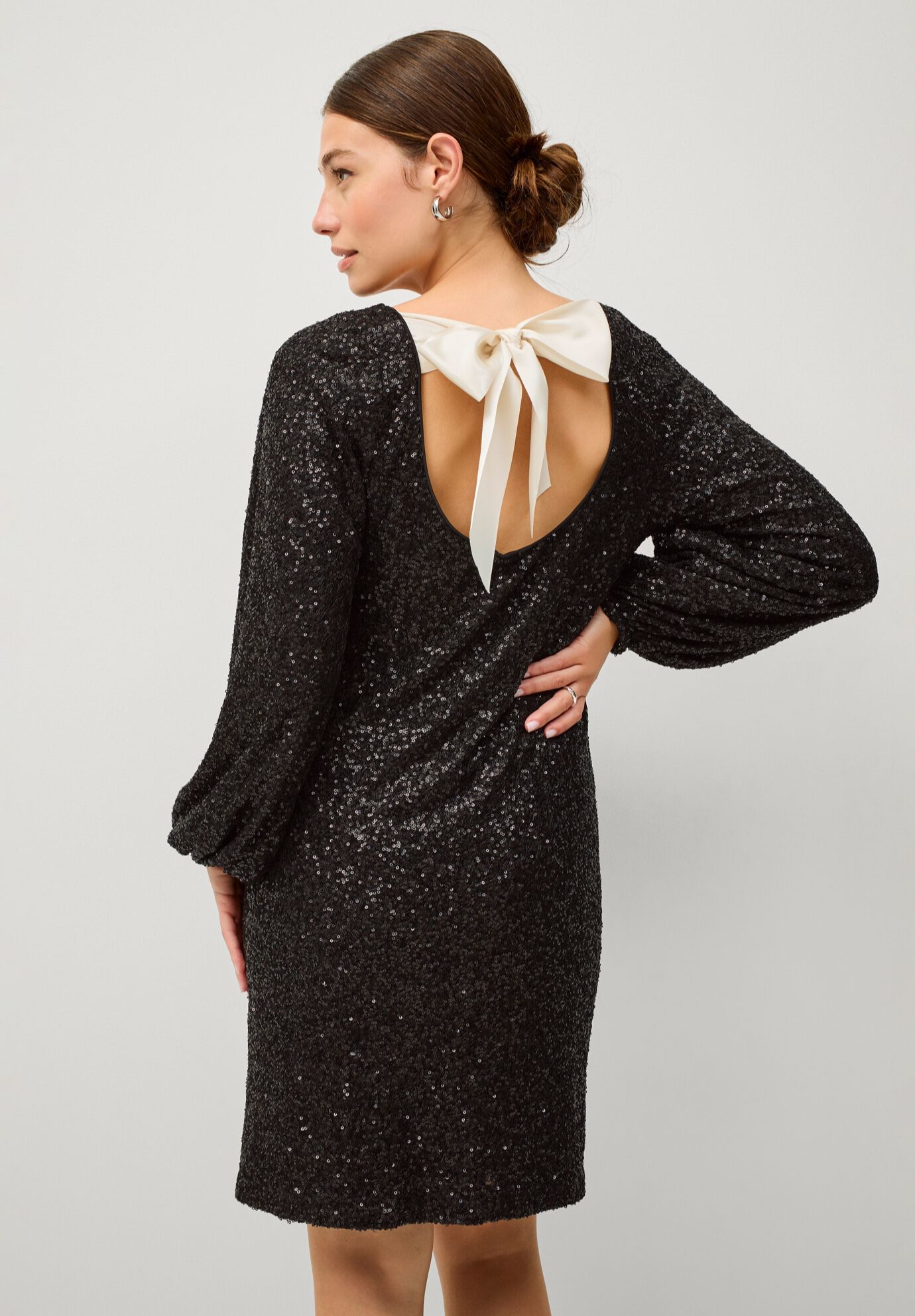 Sequin Dress With Satin Bow At Back, BLACK, on-hover image number 1