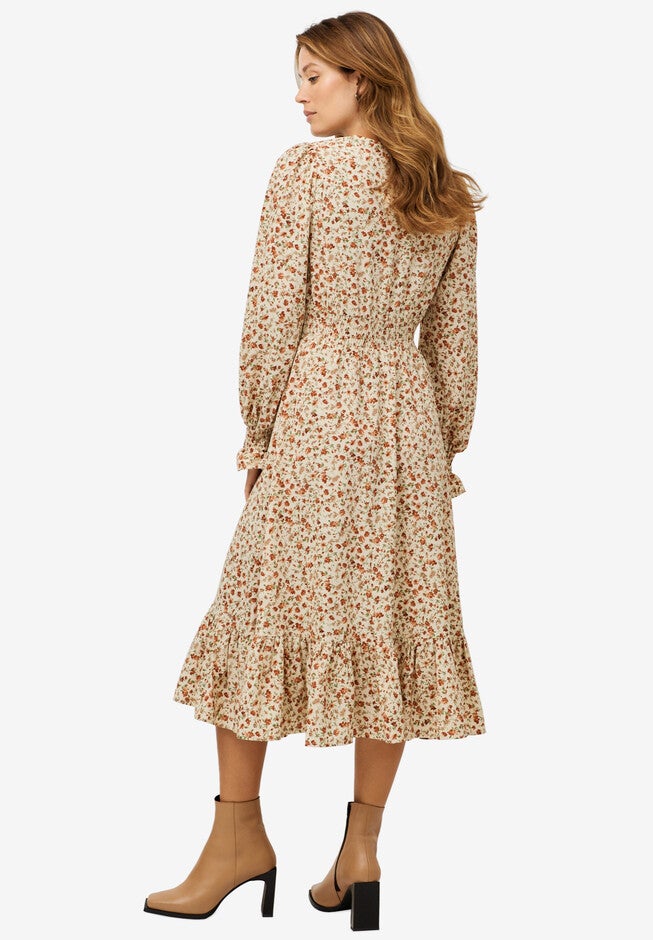 Vintage-Inspired Smocked Waist Midi Dress, Beige Rust Ditsy Floral | Woman Within Vintage-Inspired Smocked Waist Midi Dress, Beige Rust Ditsy Floral | Woman Within