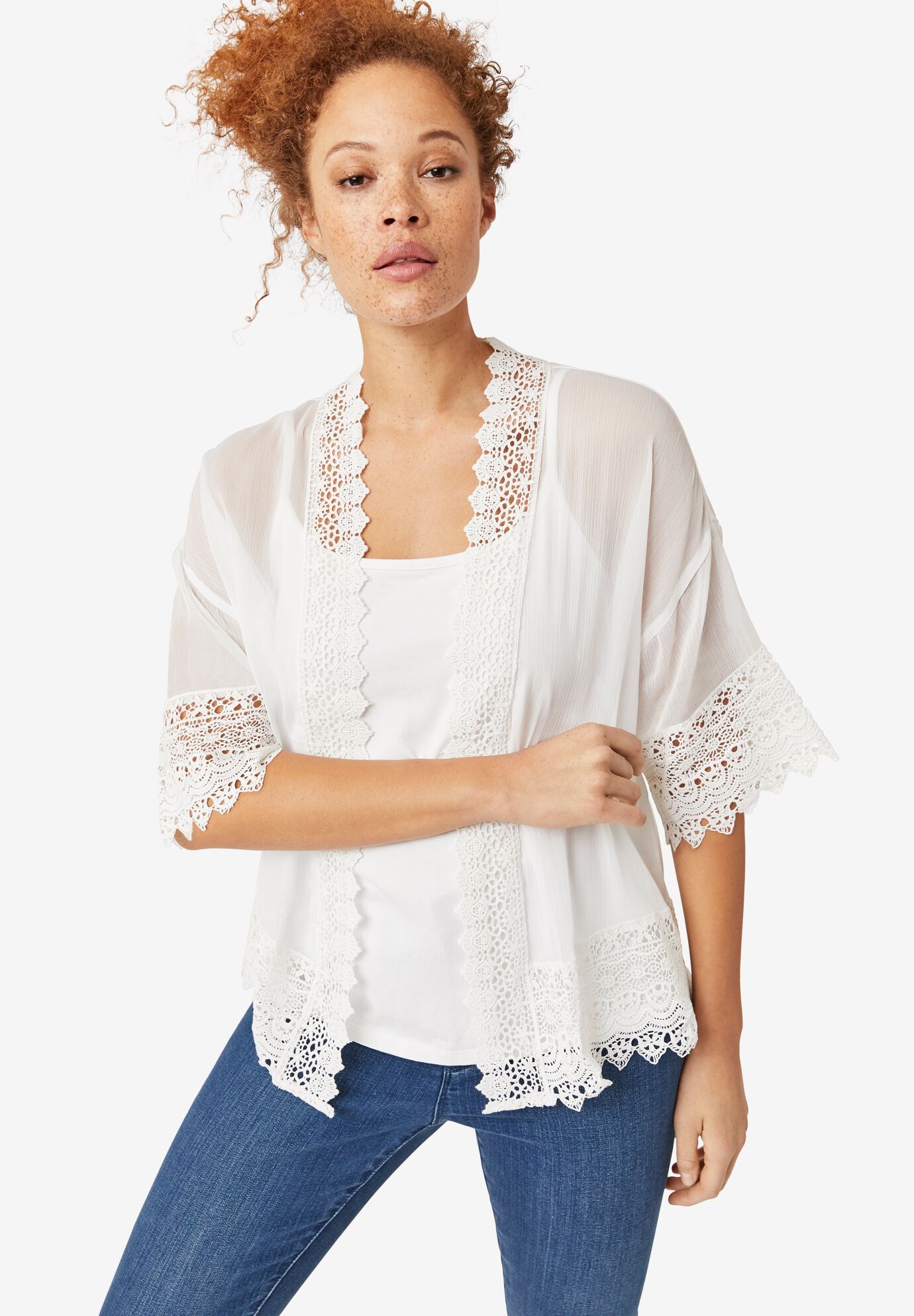 Sheer Lace Kimono Cardigan for Women White Woman Within