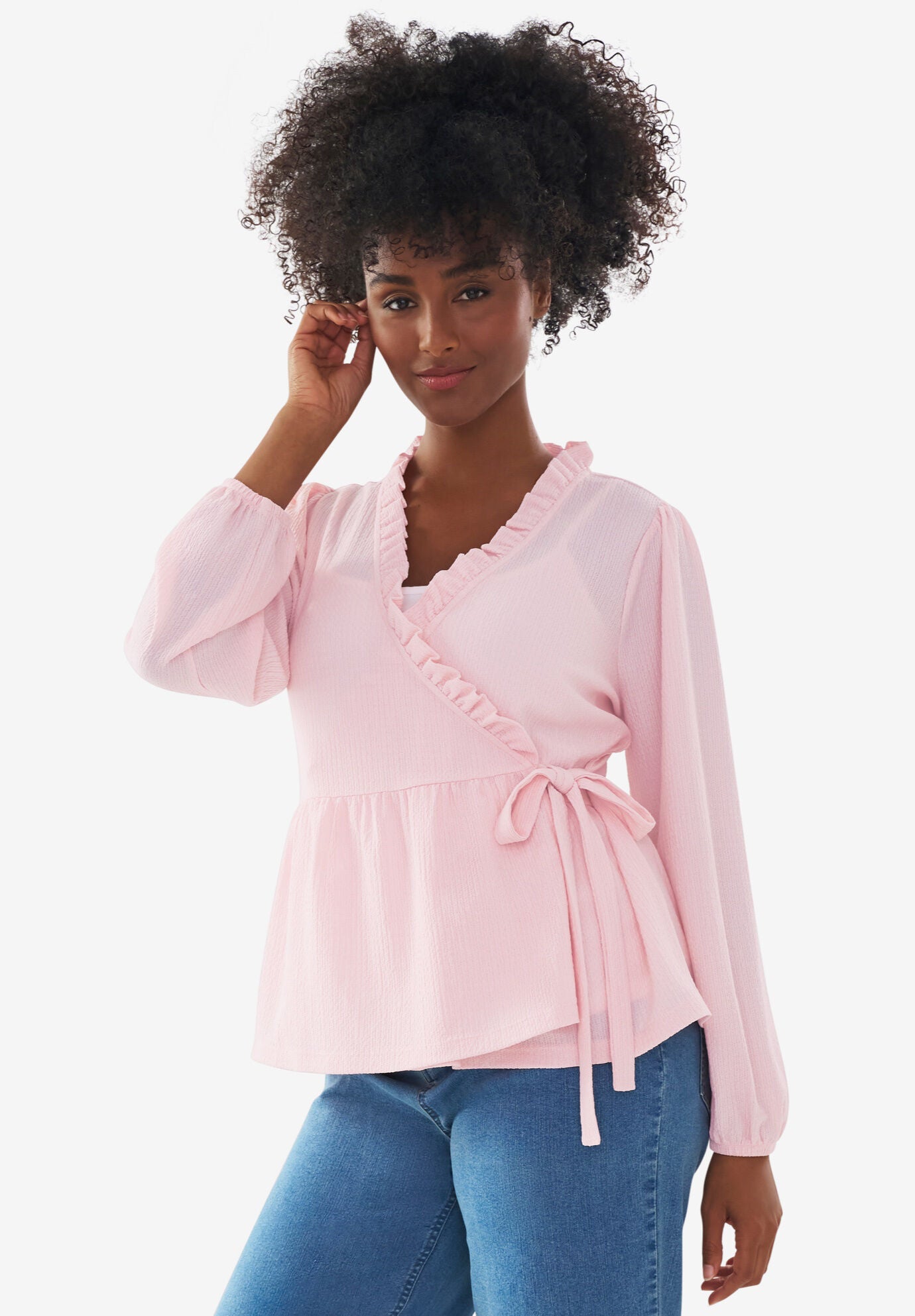 Wrap Knit Peplum Top Textured Tie Front, Misty Rose Woman Within