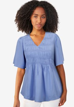 V-Neck A-Line Blouse with Smocked Bodice