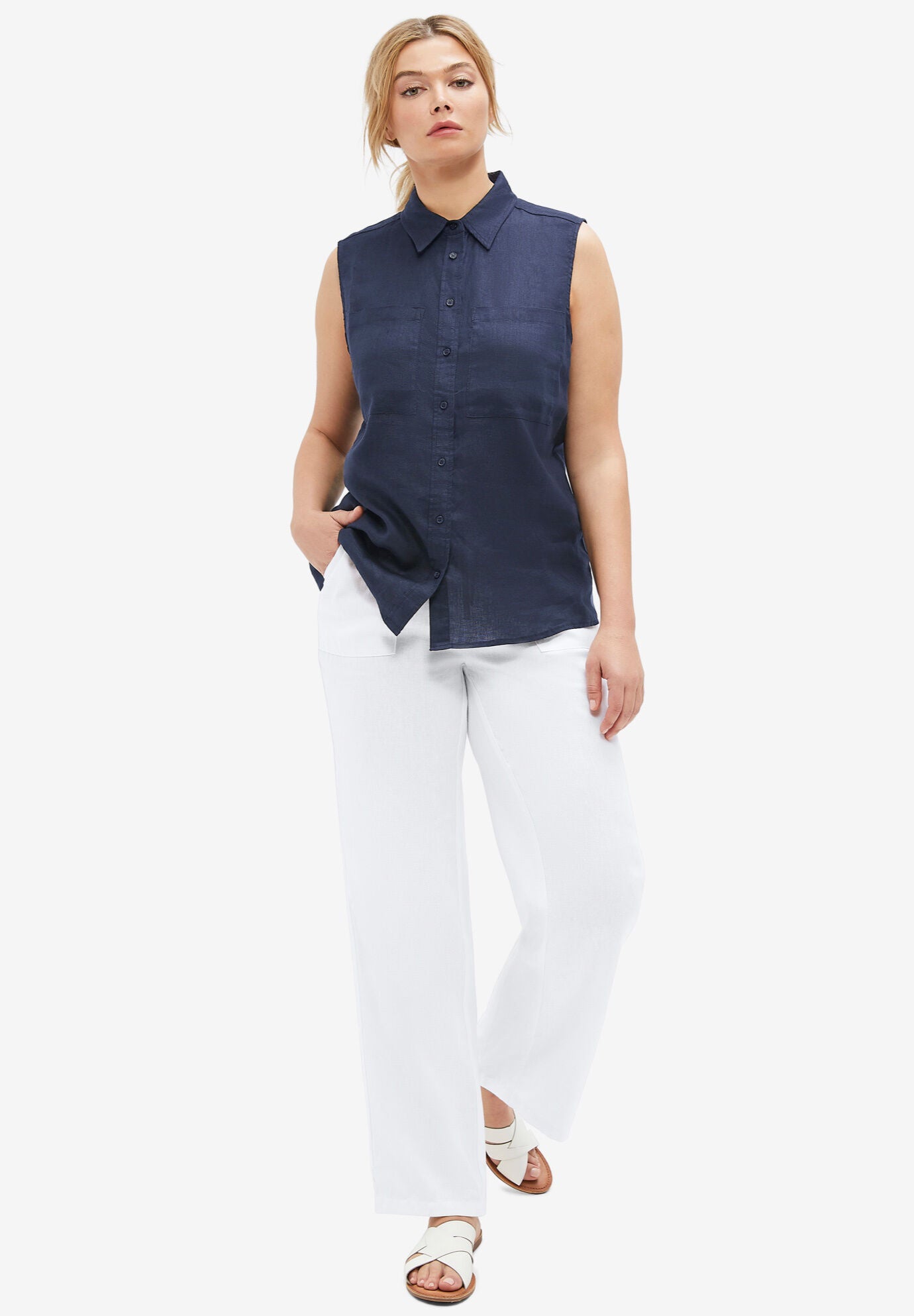 Linen Blend Drawstring Pants Woman Within