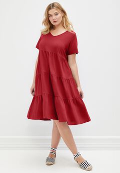 Cotton Spandex Scoop Neck Short Sleeve Tiered A Line Dress