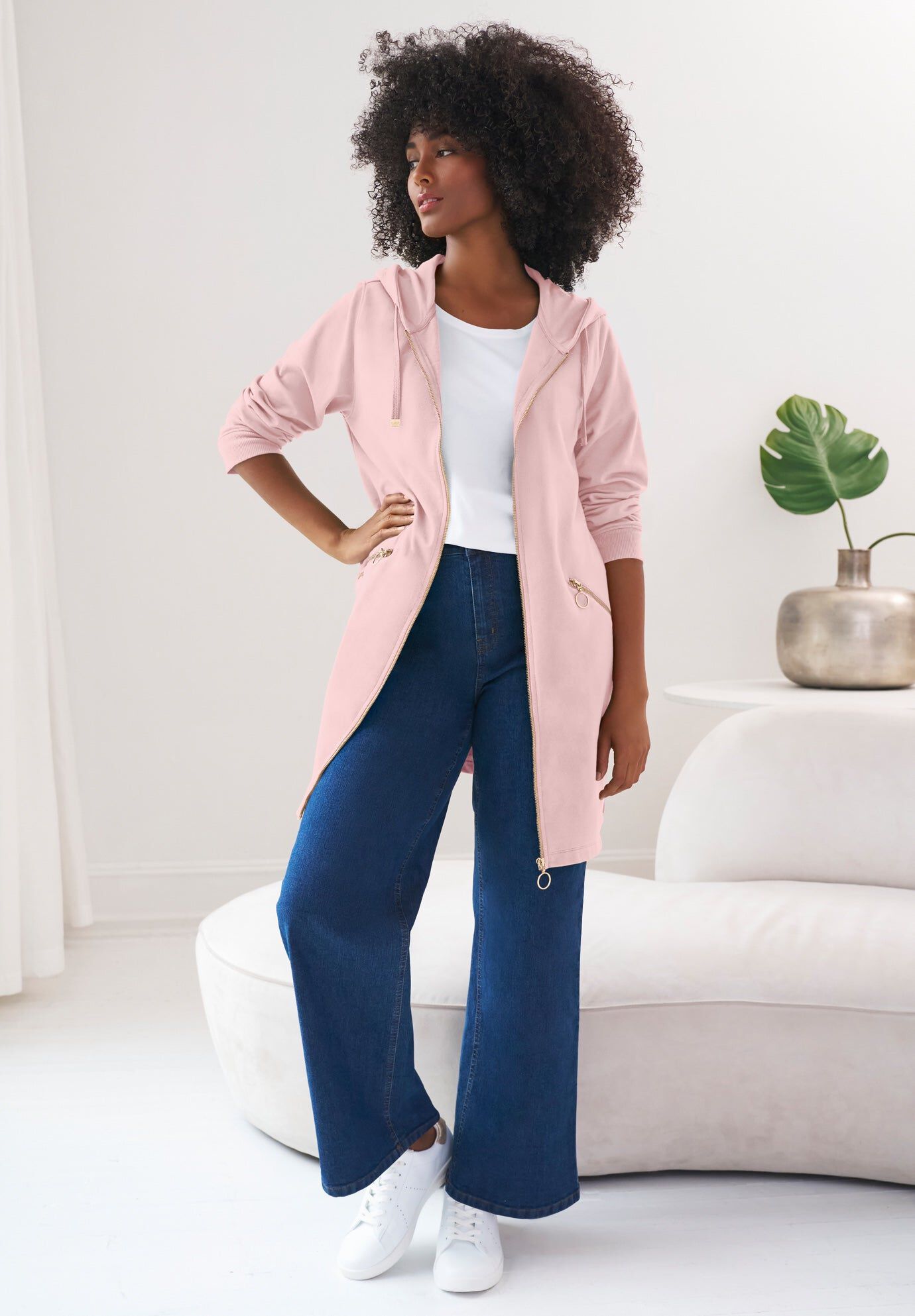 French Terry Zip-Front Hoodie With Zip Pockets, WOOD ROSE PINK, hi-res image number 0