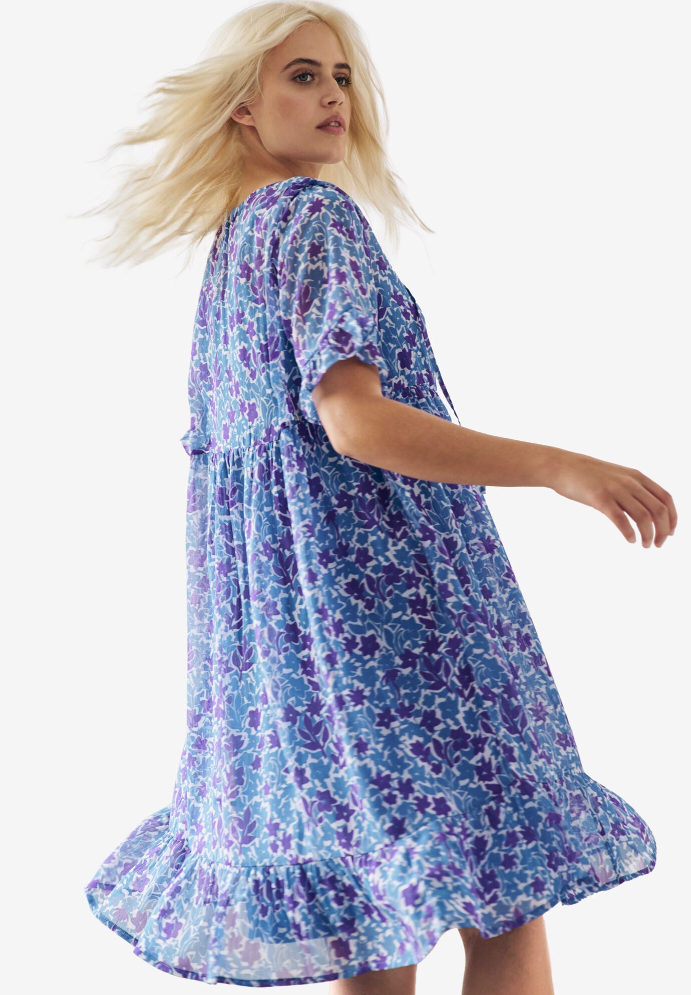 Sheer Ruffle Trim Dress With Keyhole Neckline, TRUE BLUE PRINT, on-hover image number 1