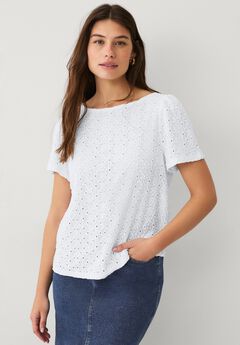 Boat Neck Flutter Sleeve Knit Eyelet Tee