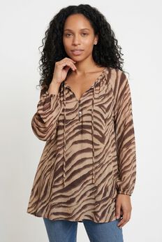 A-Line Long Sleeve Peasant Tunic with Tie-Neck Keyhole Neckline