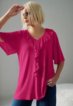 Stretch Knit V-neck Ruffle Front Tunic
