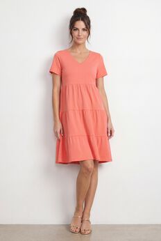 Cotton Spandex V-Neck Short Sleeve Tiered A-Line Dress