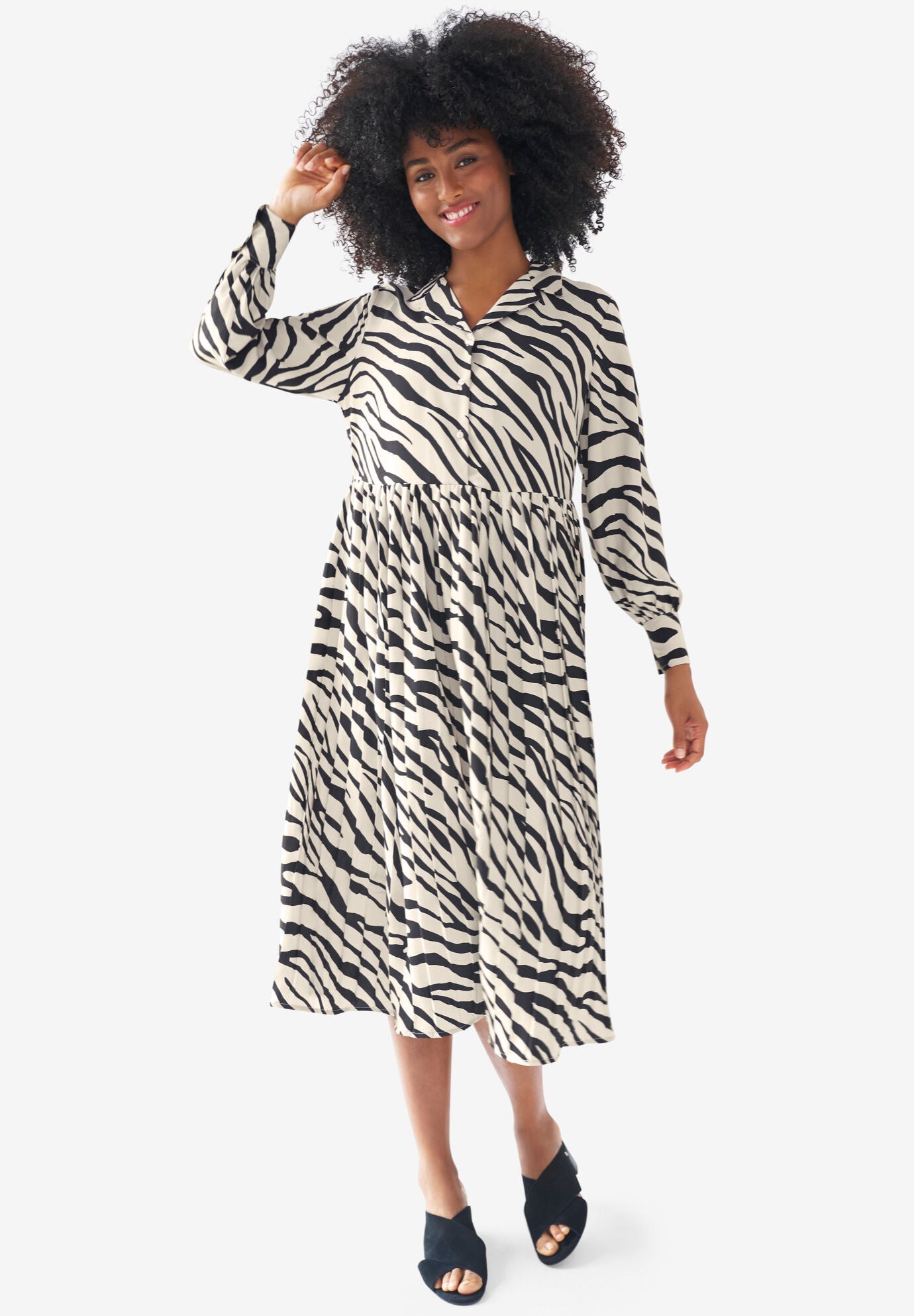 Midi Shirtdress With Pleated Skirt, STONE BLACK PRINT, hi-res image number 0