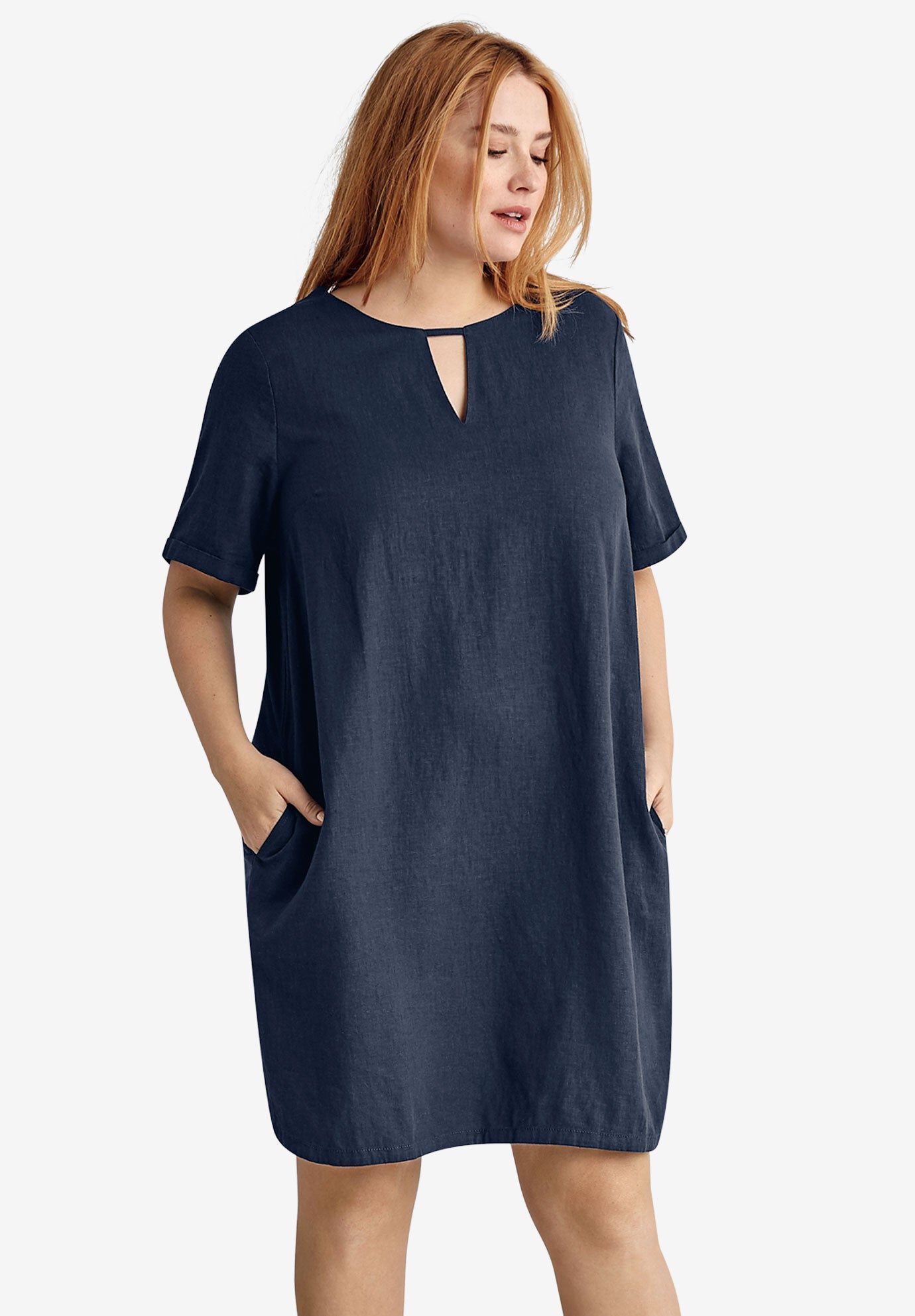 Linen-Blend A-Line Dress, NAVY, hi-res image number 0