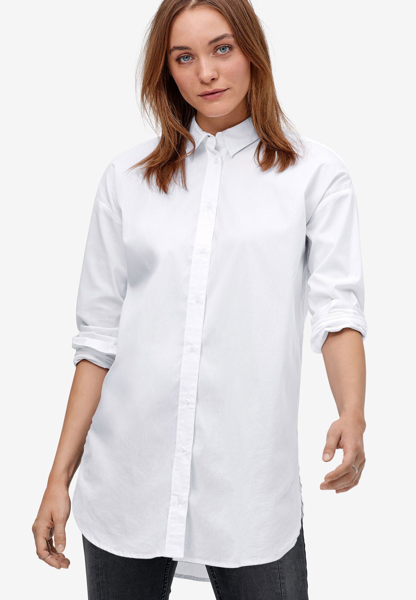 Relaxed Button Front Stretch Tunic Shirt, WHITE, hi-res image number 0
