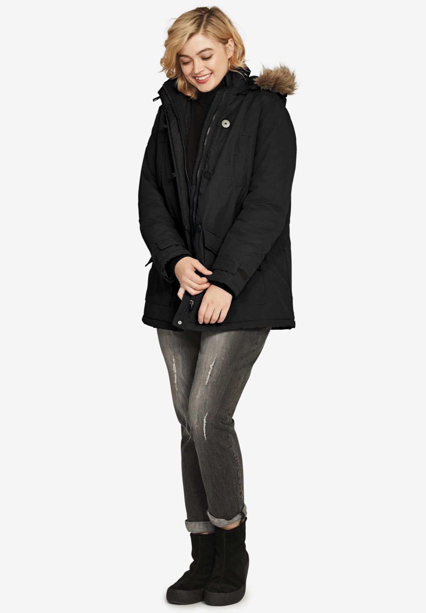 Faux Fur Trim Parka, BLACK