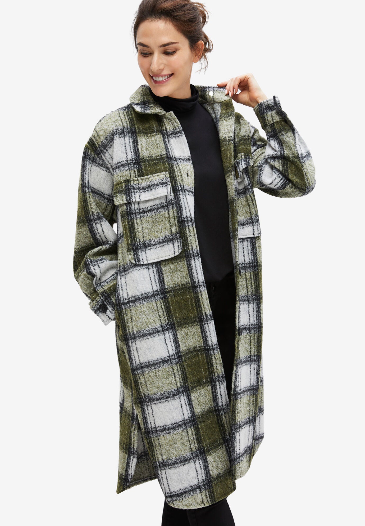 Wool Blend Long Shacket with Chest Pockets Deep Olive Plaid Woman Within