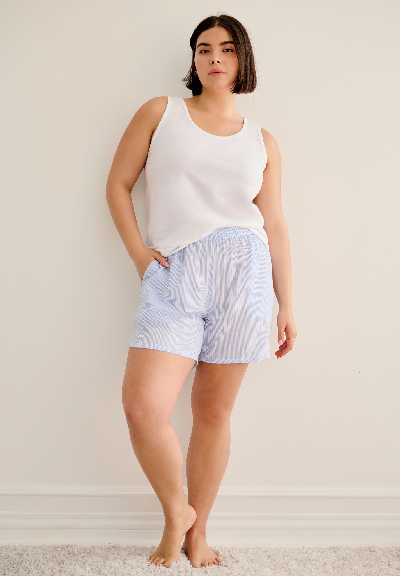 Cotton Sleep Short with Pockets, BLUE WHITE STRIPE, hi-res image number 0