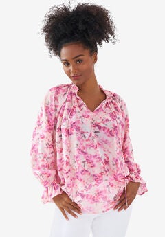 Keyhole Ruffle Trim Blouse