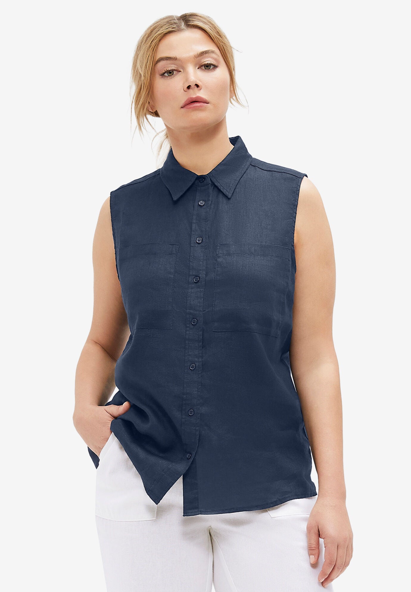 Sleeveless Button-Front Linen Blend Shirt, NAVY, hi-res image number 0