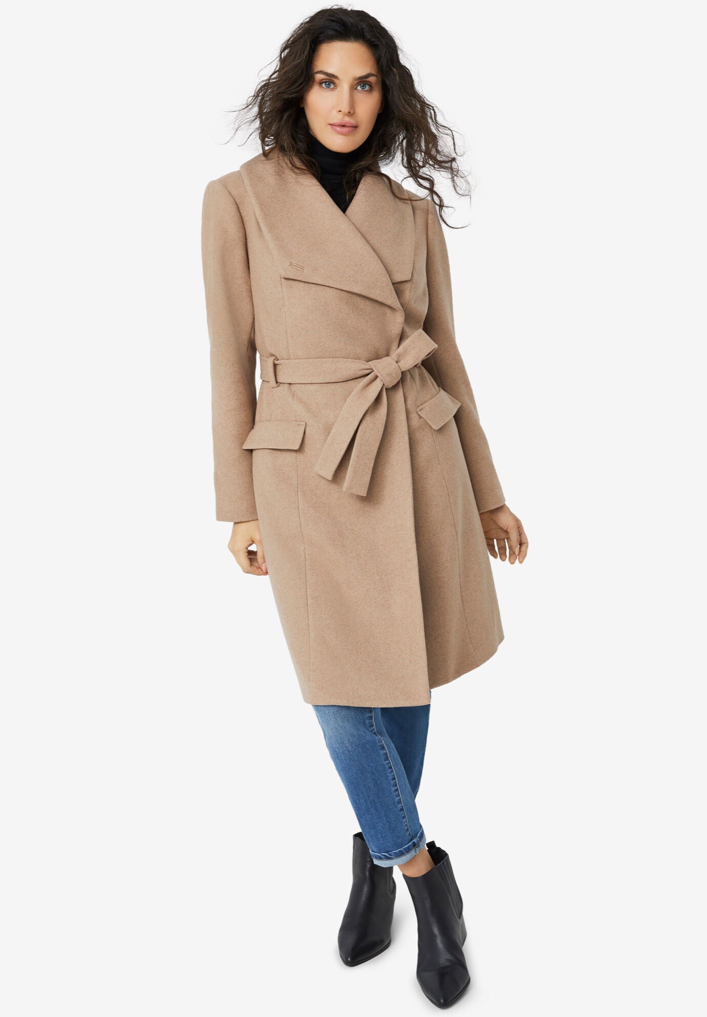 Wool Coat with Rib-Knit Trim, Cozy Mid-Length, Black Herringbone