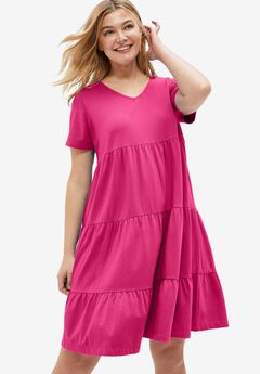 Cotton Spandex Scoop Neck Short Sleeve Tiered A Line Dress