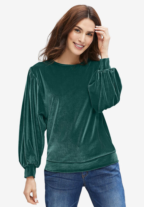 Full Sleeve Velour Top, DEEP EMERALD, hi-res image number null