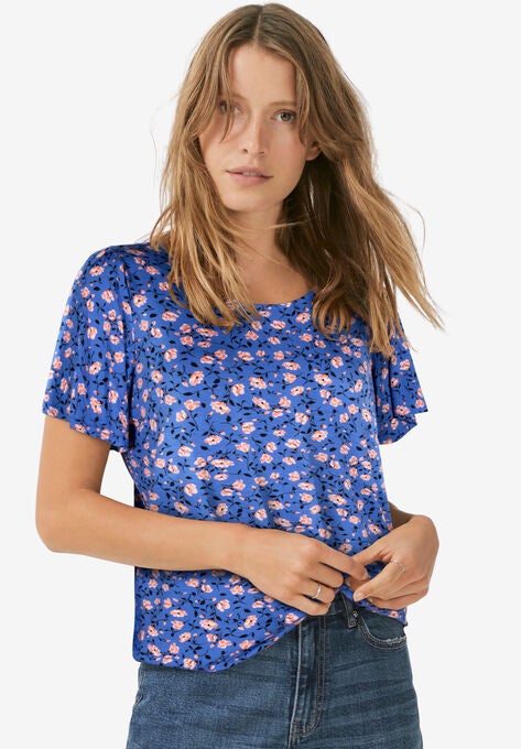 Flutter Sleeve Tee, ROYAL PERIWINKLE FLORAL, hi-res image number null