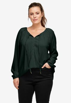 A-Line Long Sleeve Peasant Tunic with Tie-Neck Keyhole Neckline